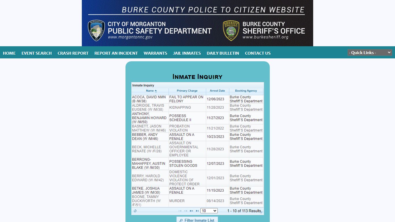 INMATE INQUIRY - Morganton Department Public Safety P2C